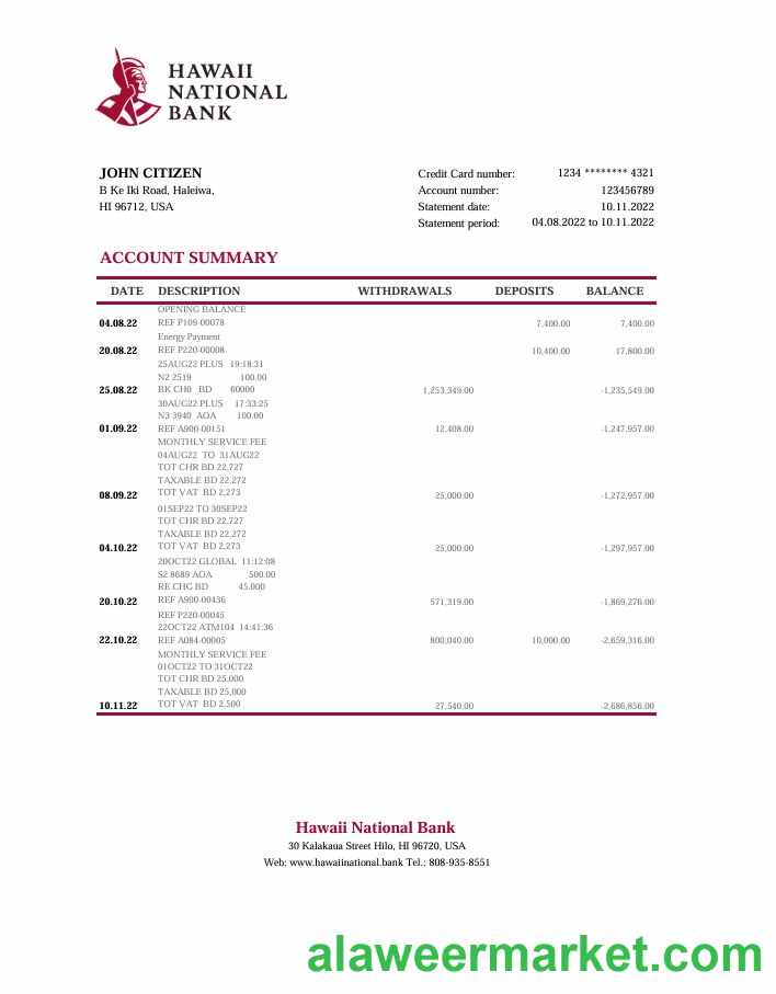 Hawaii National Bank statement Excel and PDF template